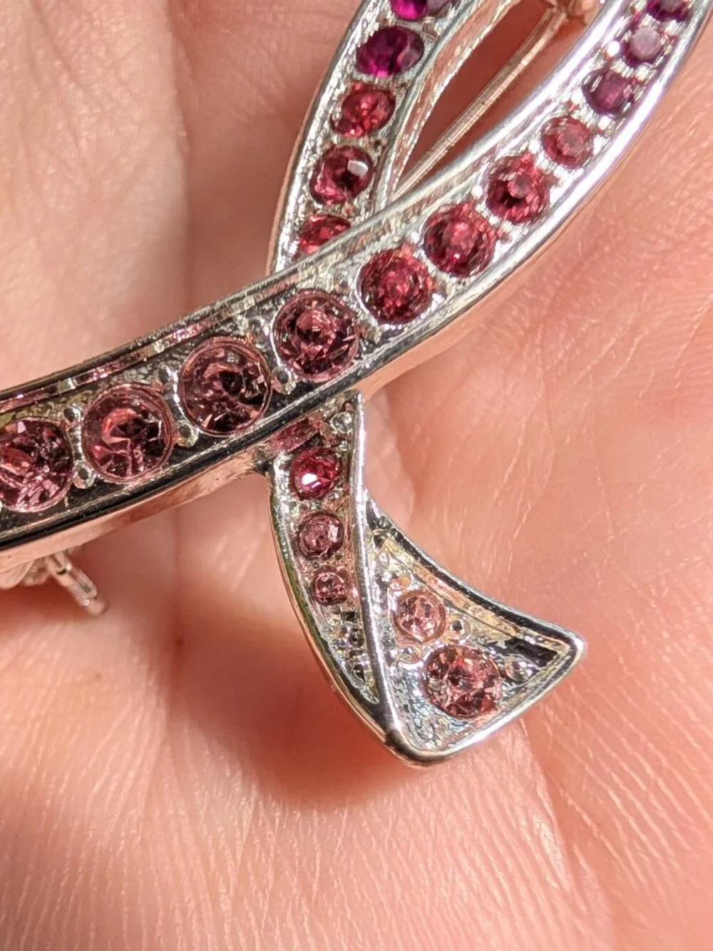 Vintage Pink Rhinestone Ribbon Brooch